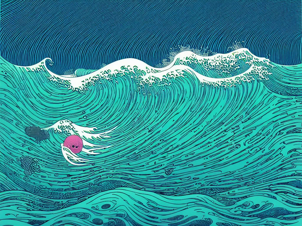 Prompt: ocean wave by balmy enso, jamie hewlett, nicolas delort, moebius, victo ngai, josan gonzalez, kilian eng