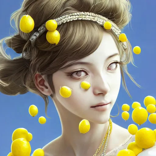 Image similar to the portrait of an absurdly beautiful, graceful, elegant, sophisticated, young teen anime girl made up of lemons looking up, an ultrafine hyperdetailed illustration by kim jung gi, irakli nadar, intricate linework, bright colors, octopath traveler, final fantasy, unreal engine 5 highly rendered, global illumination, radiant light, detailed and intricate environment