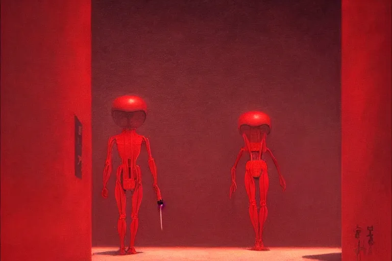 Image similar to only with red, a red samurai humanoid, tokio futuristic in background, yokai, in the style of beksinski, parts by edward hopper, parts by rodcenko, parts by yue minjun, intricate and epic composition, red by caravaggio, insanely quality, highly detailed, masterpiece, red light, artstation, 4 k