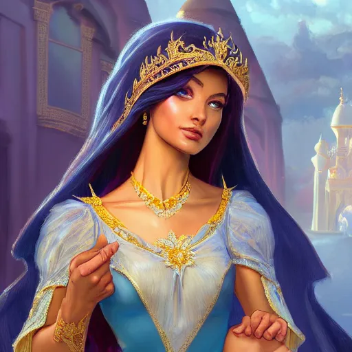 Image similar to beautiful young princess jasmine, closeup, palace background, d & d, fantasy, elegant, highly detailed, digital painting, artstation, concept art, matte, sharp focus, illustration, art by artgerm and greg rutkowski and alphonse mucha