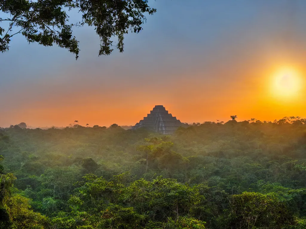 Image similar to Sunrise in the jungle over an ancient Mayan city.