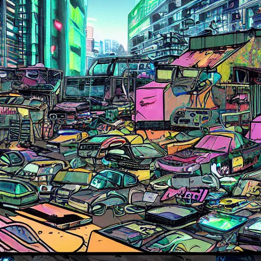 Prompt: view from ground level of a landscape full of junkyards, garbage heaps and recycled electronic gear | neon anime electronic cybernetic comic book art