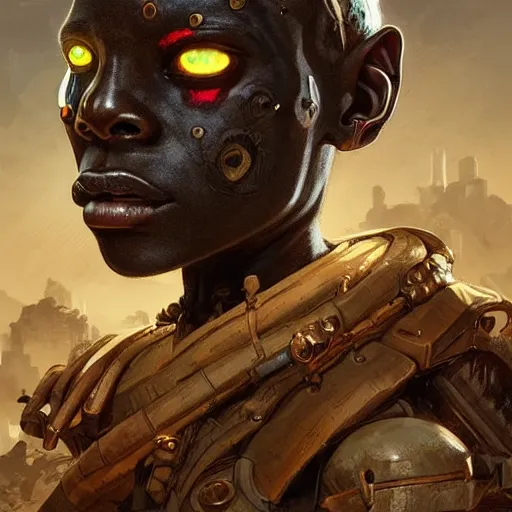 Image similar to a dark and ominous cyborg african child soldier with glowing eyes and facial scarification marks and gold teeth, Apex Legends character digital illustration portrait design, by android jones and greg rutkowski in a cyberpunk voodoo style, detailed, cinematic lighting, wide angle action dynamic portrait