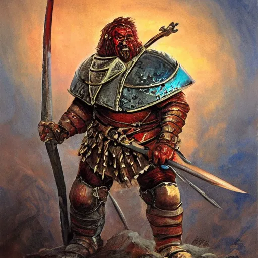 Image similar to ogre warrior wearing plated armor who is holding a battle axe in the style of warhammer fantasy : : head and torso oil painting