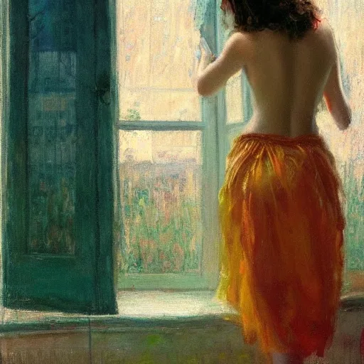 Image similar to A woman looking through a rainy window, raining outside, back view, wide shot, colorful string bikini, modest, 1950s, americana, award-winning, warm colors, by Ilya Repin, deviantart