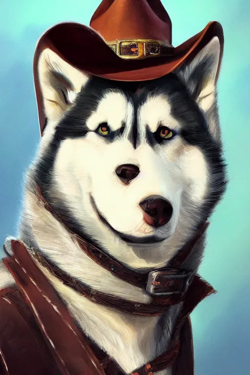 Image similar to a portrait painting of a husky in cowboy costume, wearing a cowboy hat, in the style of anime, trending on artstation