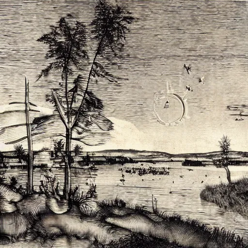 Image similar to albrecht durer engraving of a new england marsh