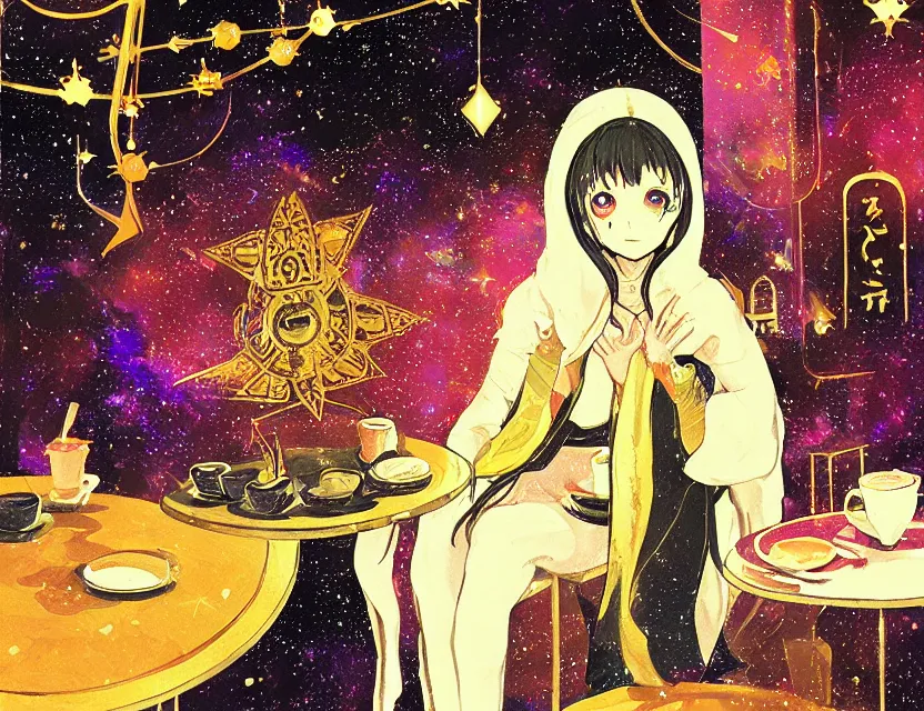 Prompt: priestess of space pigs in a cafe. gouache and gold leaf by award - winning mangaka, chiaroscuro, bokeh, backlighting, field of depth