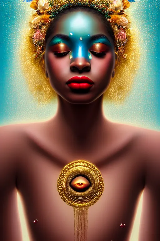 Image similar to hyperrealistic post - symbolist cinematic very beautiful! oshun goddess with white eyes, yoruba body paint, dripping droplet lips, gold flowers, highly detailed digital art masterpiece, smooth etienne sandorfi eric zener dramatic pearlescent soft teal light, ground angle uhd 8 k, sharp focus