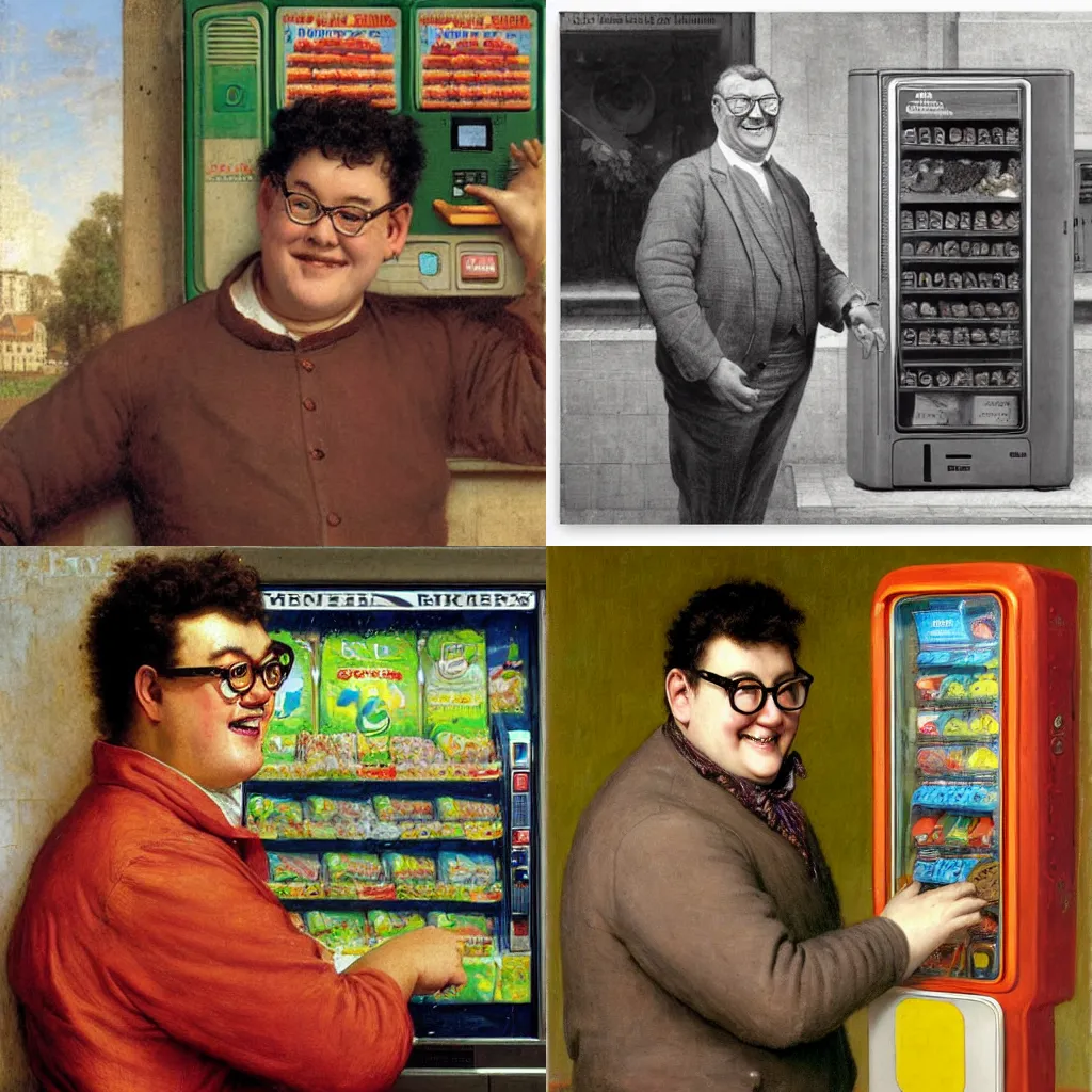 Prompt: Dennis Nedry smiling in front of a snack vending machine, by Eugene de Blaas