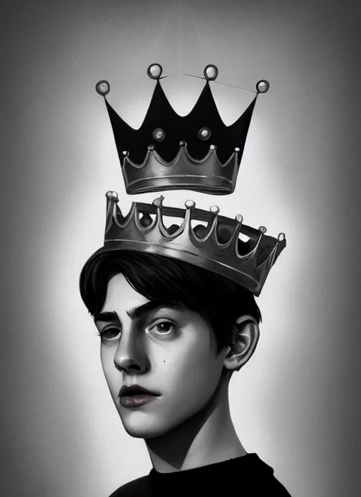 Image similar to portrait of teenage jughead jones wearing a light grey crown, photorealistic, crown, eyes closed, crown, black hair, sweater with letter s on it, letter s, intricate, elegant, glowing lights, highly detailed, digital painting, artstation, concept art, smooth, sharp focus, illustration, art by wlop, mars ravelo and greg rutkowski