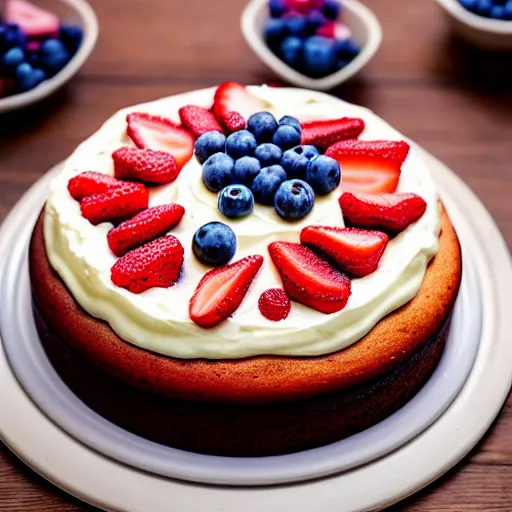 Prompt: A photo of a cake from the side on a wooden table, with cream spread on the sides and strawberries, raspberries and blueberries placed in circles on top. Sunset. 4K. Cinematic lighting. High detail. Realistic. Delicious.