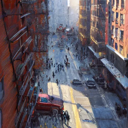 Image similar to “ top view of a girl holding a cup of coffee sitting on a fire escape overlooking the east village in new york city, morning light, by daniel gerhartz ”