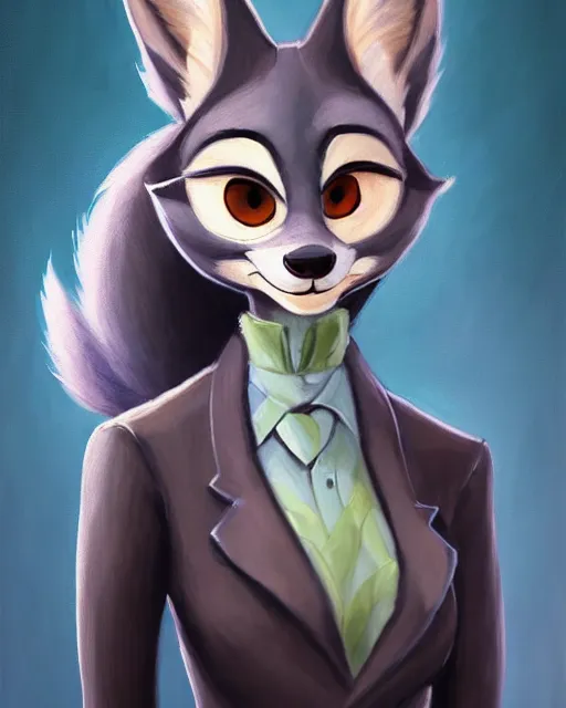 Image similar to beautiful oil painting of anthromorphic female wolf, in style of zootopia, zootopia, zootopia, fursona, furry, furaffinity, 4 k, deviantart, furry art, fursona art, wearing black business suit, business suit, in style of zootopia, wolf fursona, cyberpunk, female, very very very expressive detailed feminine face,