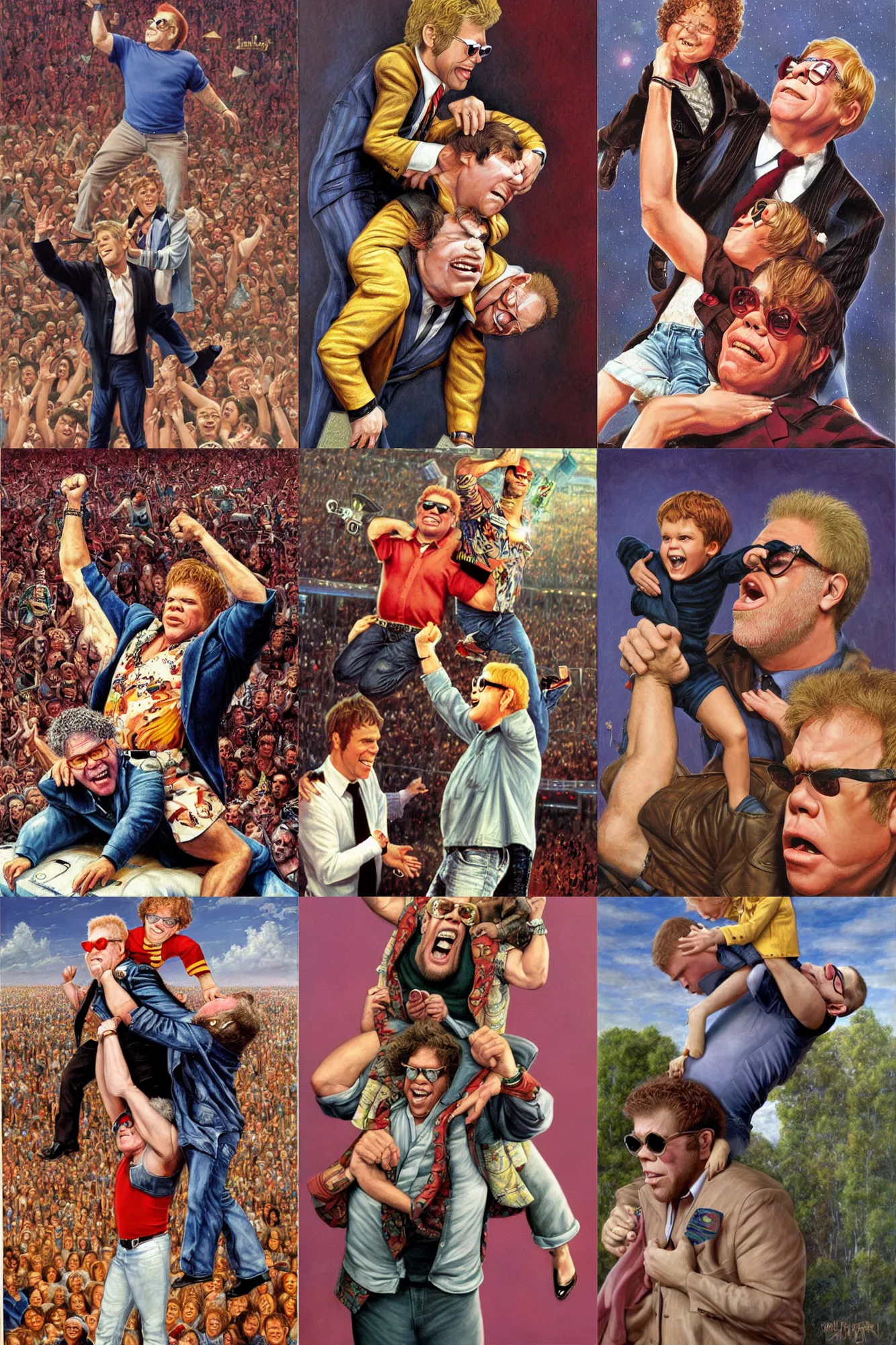 Prompt: Ron Perlman lifting Elton John up over his head, painting by Bob Byerley