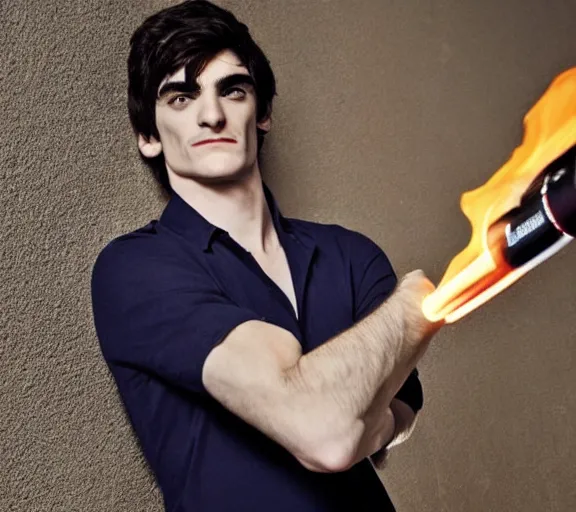 Image similar to rj mitte holding a flamethrower, movie still, upper body shot, photorealistic, clean composition