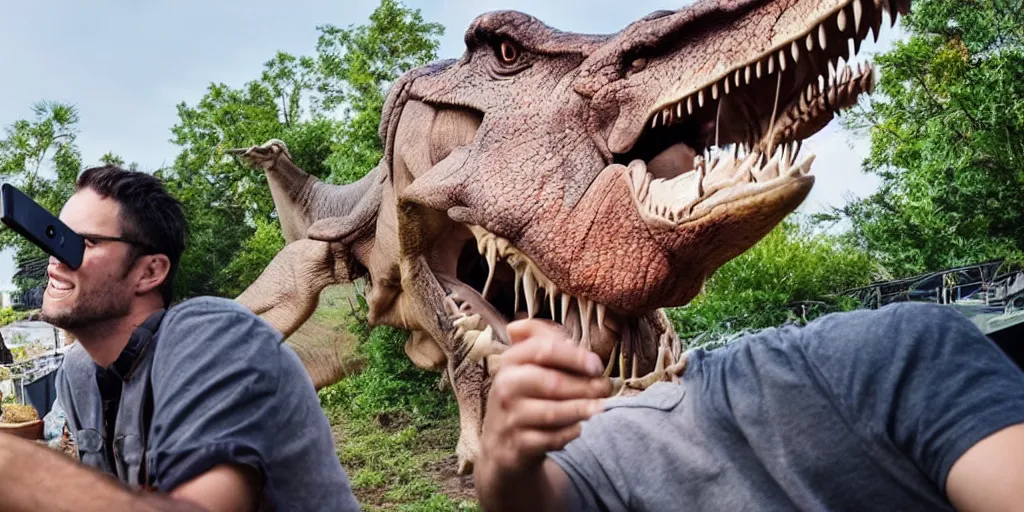 Image similar to a man taking a selfie beside a tyrannosaurus rex, award-winning photography, 8K UHD