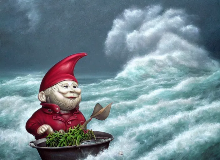 Image similar to a terrified garden gnome sailing in a bucket, background of raging ocean with huge waves on a stormy day with dramatic thunderhead clouds, an ultrafine detailed painting by mark ryden, trending on deviantart, pop surrealism, whimsical, lowbrow, rainy, perfect symmetrical face