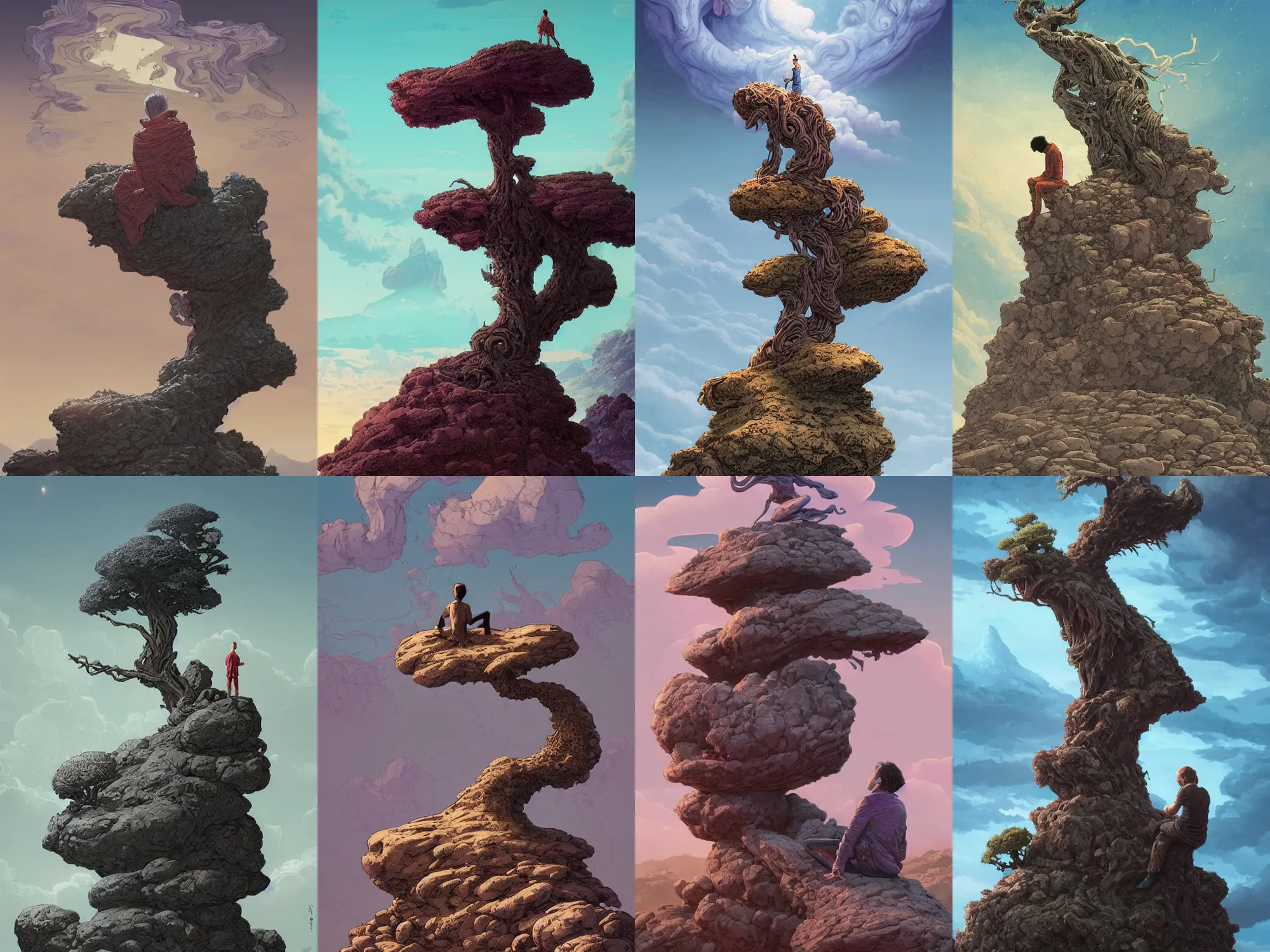 Prompt: a prince meditating on the top of a pile of rocks, a dead tree and swirly clouds in the background, art by James Jean and Wayne Barlowe and moebius, high details , cinematic, cgsociety 8k
