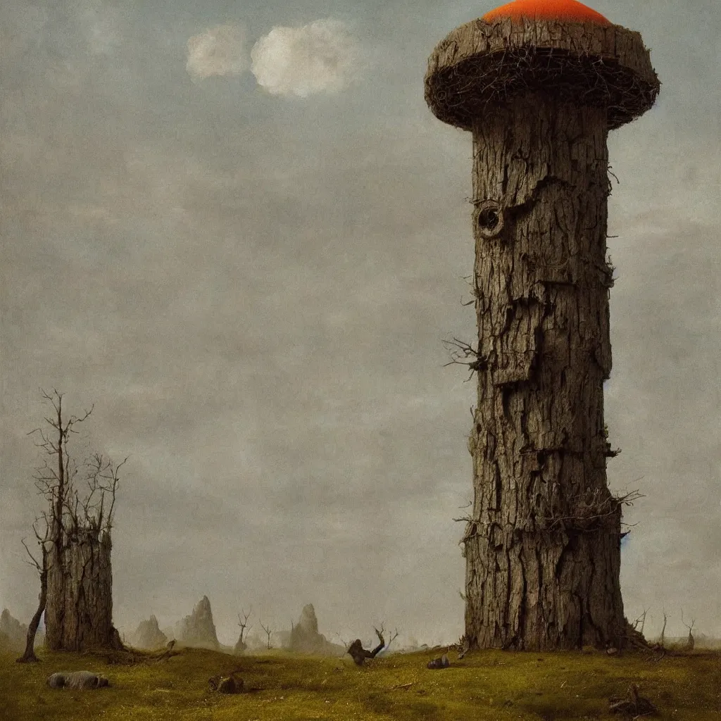 Prompt: a single colorful! simple! fungus tower clear empty sky, a high contrast!! ultradetailed photorealistic painting by franz sedlacek, jan van eyck, simon stalenhag, hard lighting, masterpiece