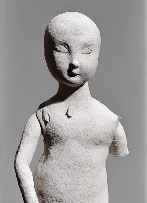 Image similar to realistic photo of a a ancient girl sculpture doll made of white clay, holding a pigeon, greyscale grain 1 9 6 0, life magazine photo, natural colors, metropolitan museum, kodak