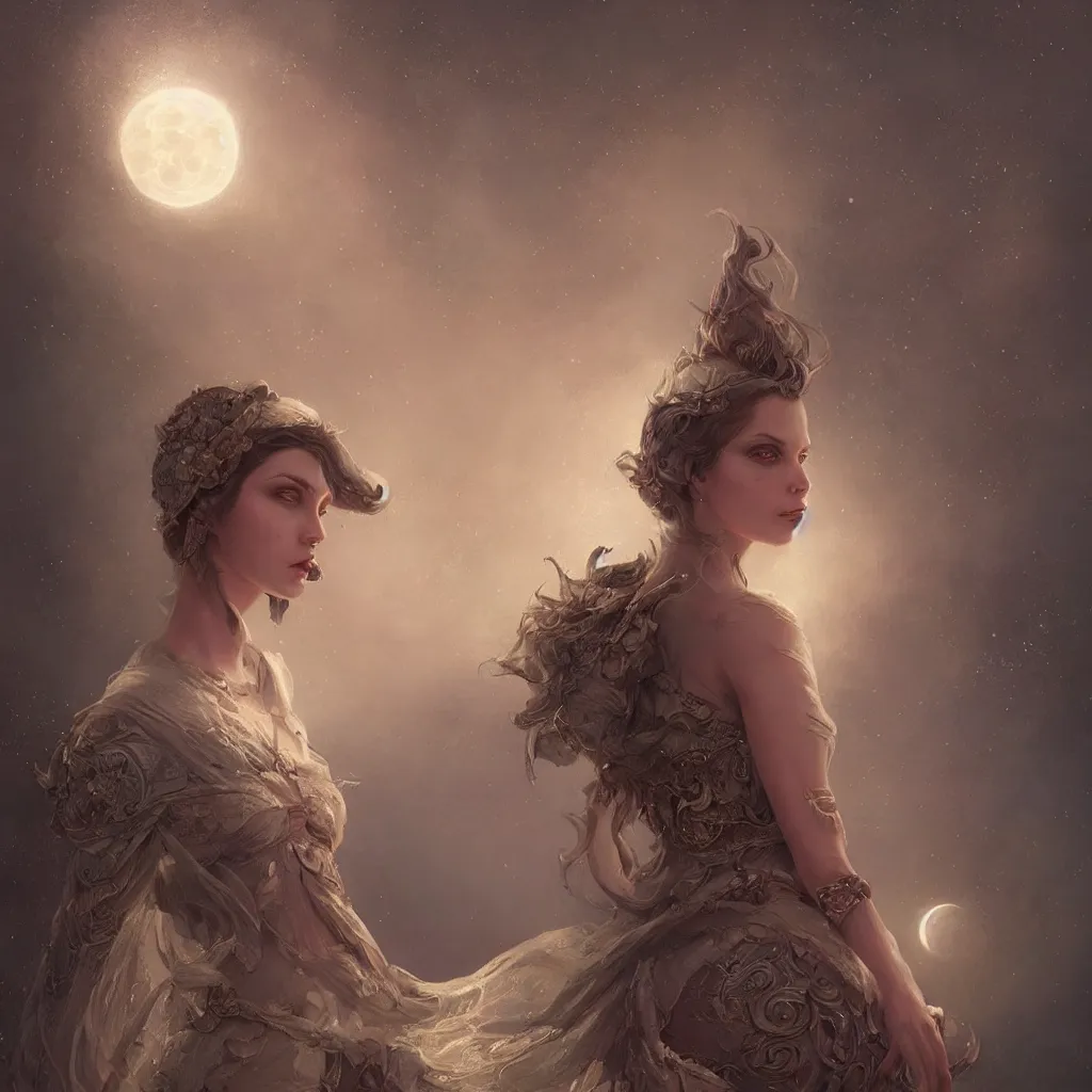 Image similar to a beautiful digital painting of a princess, princess, the moon behind her, intricate, cinematic lighting, highly detailed, digital painting, concept art, smooth, sharp focus, illustration, art by tom bagshaw, artgerm and greg rutkowski