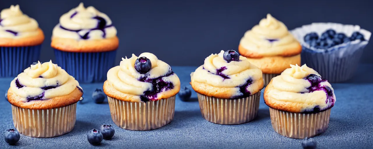 Prompt: 3 juicy blueberry cupcakes from a fast food restaurant, depth of field, food photography, isometric, tasty, mcdonalds, wide shot, studio, bokeh, gmaster, cooking, food, kodak, sony, canon