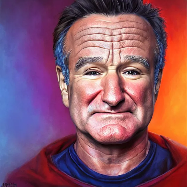 Prompt: portrait of a robin williams by mandy jurgens, cartoon, oil painting, visionary art, symmetric, magick symbols, holy halo, dramatic ambient lighting, high detail, vibrant colors,