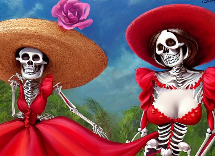 Image similar to cute & beautiful smiling mexican undead skeleton girl wearing a sombrero and a wide red dress, elegant, digital art, fantasy, pixar style, painting, pin up, highly detailed, artstation, art by artgerm, john la farge and boris vallejo