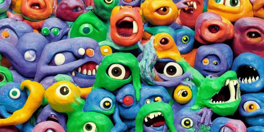 Image similar to giant scary claymation monsters eating eachother and merging into eyeballs and rainbows