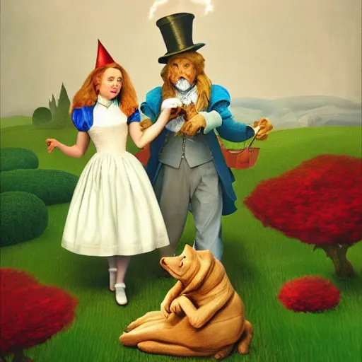 Image similar to Alice in Wonderland and Wizard of Oz by Raphael, Hopper, and Rene Magritte. detailed, romantic, enchanting, trending on artstation.