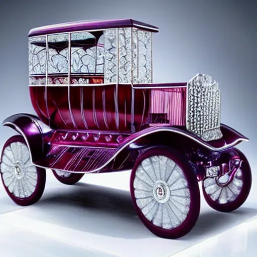 Image similar to A beautiful automobile designed by Lalique, ruby, sapphire, diamond, precious metal, perfect