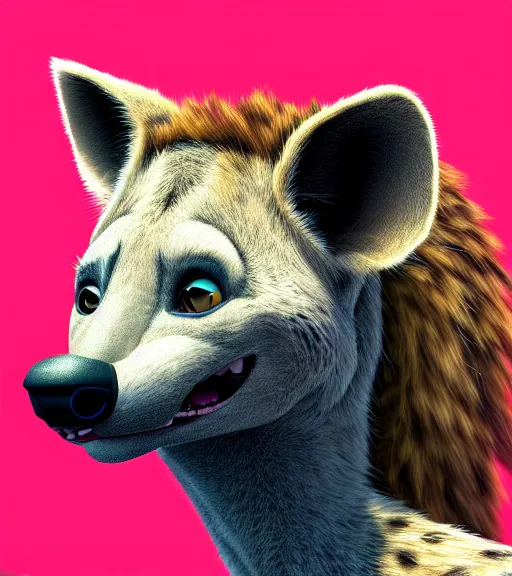 Image similar to digital detailed portrait of anthromorphic female hyena, in style of zootopia, fursona, furry, furaffinity, 4 k, deviantart, wearing astronaut outfit, in style of disney zootopia, floating in space, space background, in deep space, dark background, hyena fursona, cyberpunk, female, detailed face,