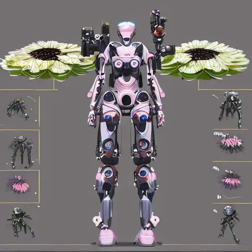 Prompt: symmetry, waterlily mobile combat suit floral robot, biomechanical, waterlily mecha nymphaea, detailed illustration, concept art, smooth, sharp focus, by syd mead, beeple