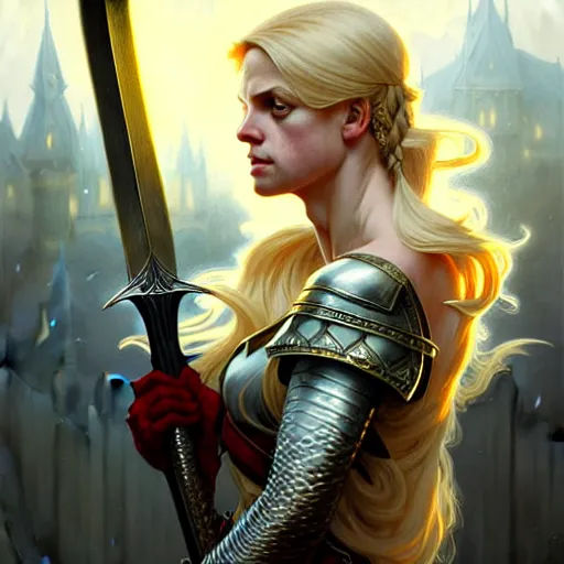 Image similar to A epic fantasy portrait of a blond woman, holding a sword, castle setting, horror movie lightning, intricate, elegant, highly detailed, digital painting, artstation, concept art, matte, sharp focus, illustration, art by Artgerm and Greg Rutkowski and Alphonse Mucha