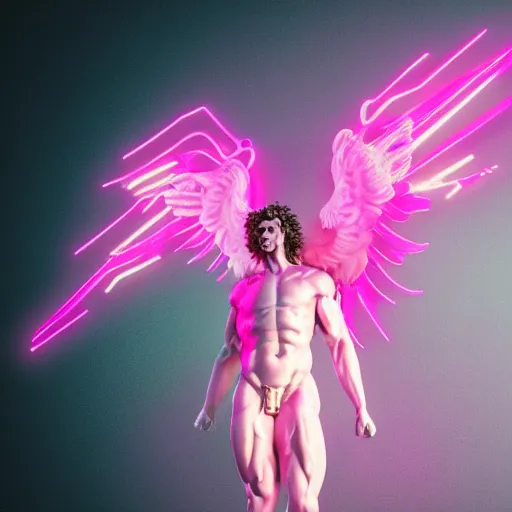 Image similar to photo of fullbody rococo and synthwave delicate neon pink sculpture of a hulking herculean muscular onyx albino marble jesus christ as an iridescent humanoid deity, angelic halo, wings, crown of thorns, cinematic lighting, photorealistic, octane render, 8 k, depth of field, 3 d