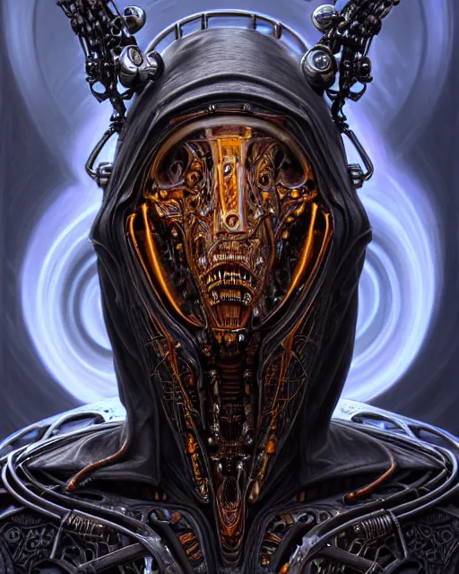 Prompt: front shot of a ancient futuristic cyberpunk hooded dead biomechanical demon in dichroic glass mask mastermind character, intricate, elegant, highly detailed, centered depth of field. blurred background, (((artstation, concept art, smooth, sharp focus, artgerm, Tomasz Alen Kopera, Peter Mohrbacher, donato giancola, Joseph Christian Leyendecker, WLOP, Boris Vallejo))), mugshot!!!!!, ugly!!!!!!, octane render, nvidia raytracing demo, grainy, muted