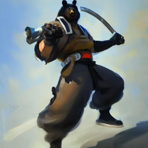 Image similar to greg manchess portrait painting of anthropomorphic asian black bear samurai as overwatch character, medium shot, asymmetrical, profile picture, organic painting, sunny day, matte painting, bold shapes, hard edges, street art, trending on artstation, by huang guangjian and gil elvgren and sachin teng