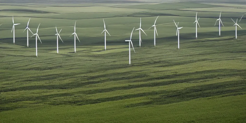 Prompt: beautiful wind farms in the fields