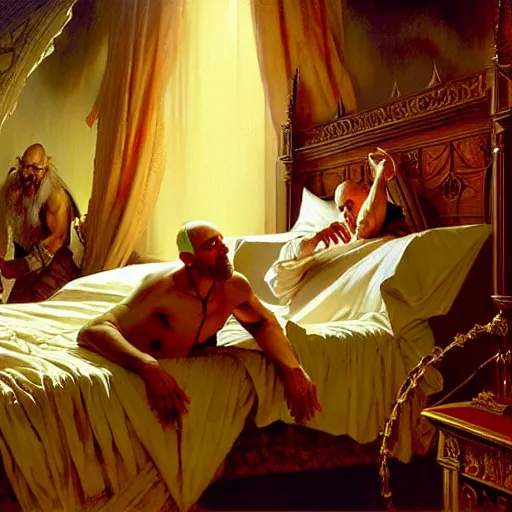 Image similar to the pope is in his bed, nervous and terrified, because a double horned shadow demon from hell lurks in the wallpaper of the bedroom. highly detailed painting by gaston bussiere, j. c. leyendecker, greg rutkowski, craig mullins 8 k