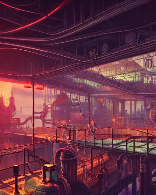 Prompt: a beautiful hyperdetailed painting of industrial architecture game room by santiago calatrava, retrowave evil fantasy assassin's creed dieselpunk scumm bar at dawn architecture island nature infrared, archdaily, wallpaper, highly detailed, trending on artstation.