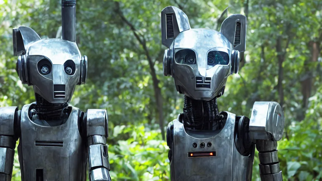 Image similar to film still from the movie chappie of the robot chappie shiny metal outdoor park plants garden scene bokeh depth of field furry anthro anthropomorphic stylized cat ears head android service droid robot machine fursona