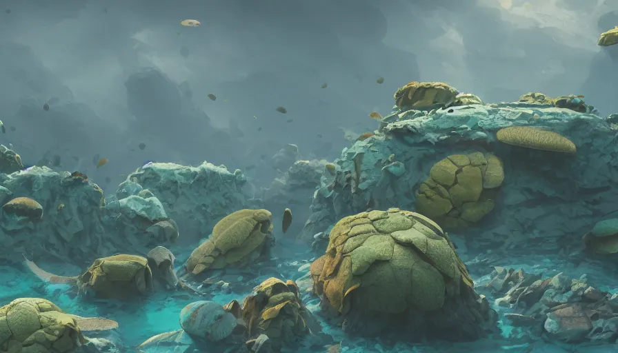 Image similar to cambrian era underwater view, algae, sea sponges, many visible trilobites and anomalocaris, artstation, illustration, 8 k, artstation, makoto shinkai, gediminas pranckevicius, soft, cinematic, octane render, realistic, very detailed