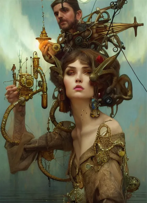 Image similar to hyper realistic fisherman, magical, gems, jewels, gold, steampunk, cyberpunk utopia, painted by tom bagshaw, mucha, gaston bussiere, craig mullins, j. c. leyendecker 8 k