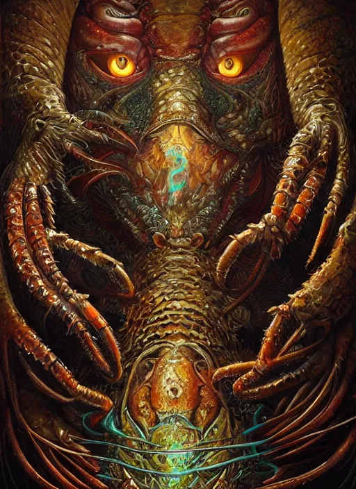 Image similar to lobster glowing reptile eyes, shamanic poster lsd art, intricate, elegant, highly detailed, centered, digital painting, artstation, concept art, smooth, sharp focus, illustration, artgerm, tomasz alen kopera, peter mohrbacher, donato giancola, joseph christian leyendecker, wlop, frank frazetta