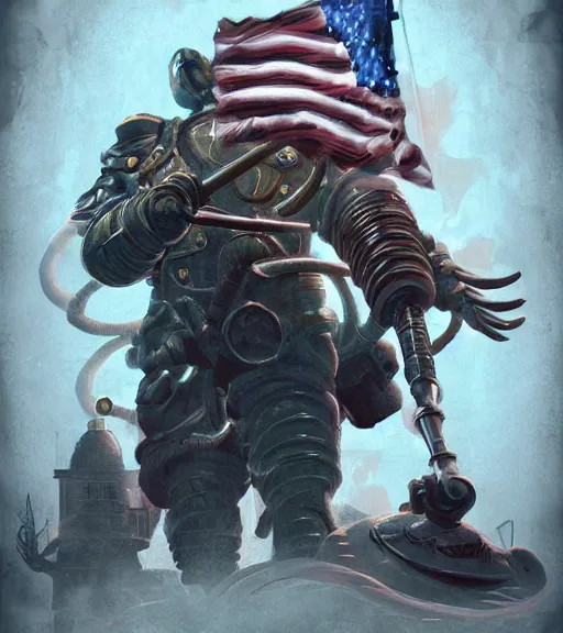 Prompt: joe biden, bioshock artstation, bioshock screenshot lovecraftian fan art, patriot, artgerm