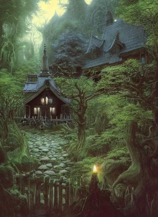 Prompt: hyper realistic witch cottage japanese shrine in the woods gorgeous lighting, highly detailed, lush forest painting by rembrandt zdzisław beksinski and norman rockwell and greg rutkowskiweta studio, and lucasfilm