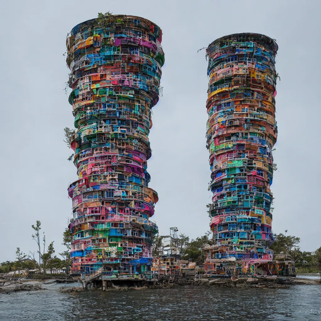 Image similar to a circular tower, made up of colourful makeshift squatter shacks suspended over water, dystopia, sony a 7 r 3, f 1 1, fully frontal view, ultra detailed, photographed by hiroshi sugimoto,