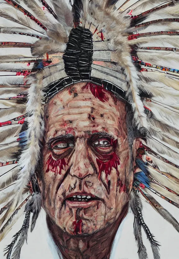 Image similar to close up portrait of zombie Pope Francis wearing a Native American Indian Feathered Headdress War Bonnet, dead redemption, by Julie Mehretu