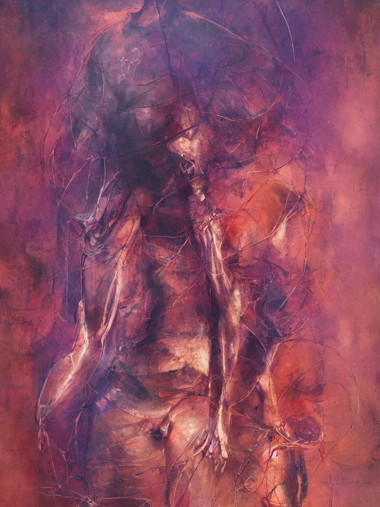 Prompt: a beautiful abstract painting by peter vahlefeld of an anatomy study of the human body on a highway intersection, color bleeding, pixel sorting, copper oxide material, brushstrokes by jeremy mann, studio lighting, pastel purple background, square shapes